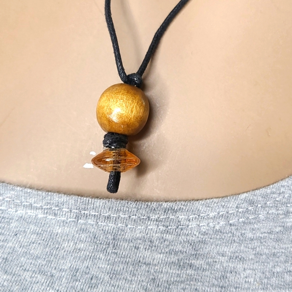Men's Pendant Necklace Black Cord Brown Wood Glass Handmade Unique Unisex Gift - Picture 2 of 4